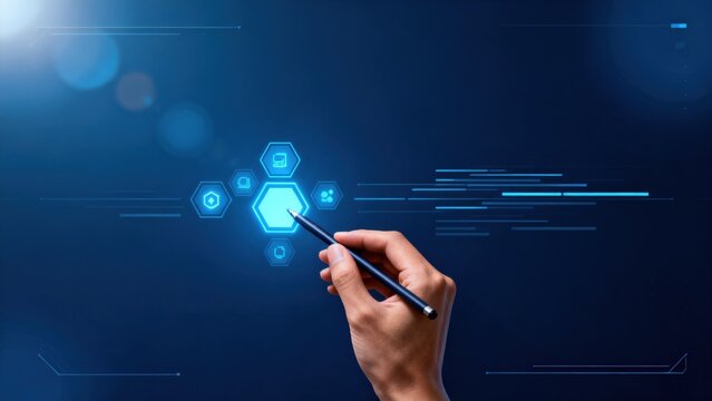 Hand holding stylus near digital icons