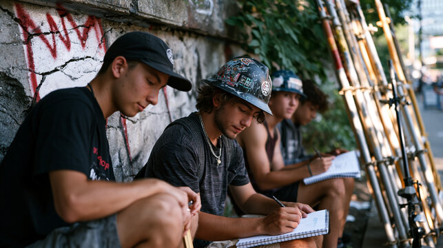 Community art program coordinator measuring wall sections at crumbling underpass alongside youth participants sketching design concepts in spiral notebooks, scaffolding materials stacked nearby, mor