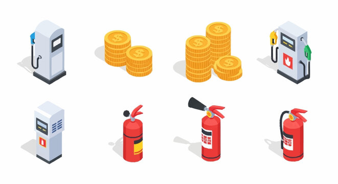 icons of gas pumps and fire extinguishers with coins.