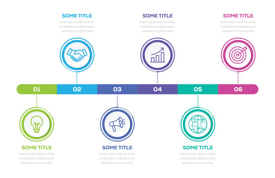 Six steps timeline infographic and business process presentation diagram template. colorful process chart with horizontal roadmap element. vector illustration.