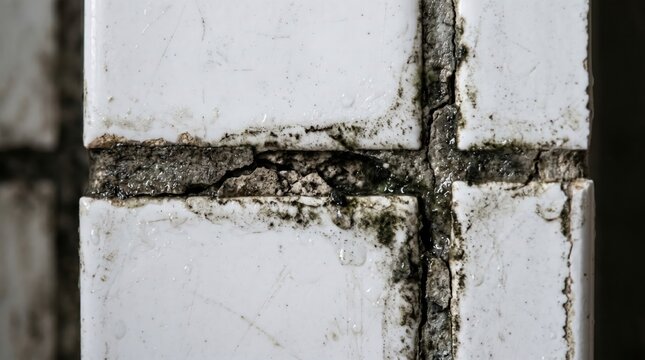 White ceramic tiles showing cracked grout, missing grout, mold growth and surface staining in close up of aged bathroom wall