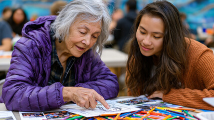 Fototapeta premium Intergenerational mural design session at recreation center folding tables, elderly neighborhood resident pointing at hand-drawn sketch while teenage participant listens intently, colored pencils an