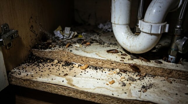 Under sink cabinet showing roach infestation droppings wood damage and exposed plumbing pipes