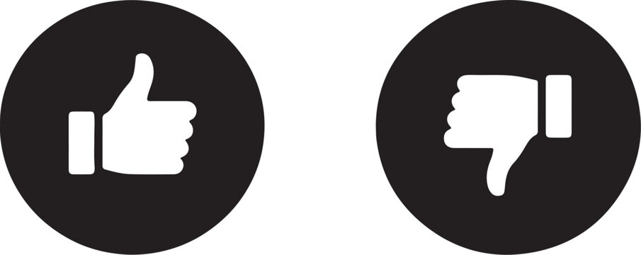 Thumbs up and thumbs down symbols on black circular backgrounds are displayed side by side, representing approval and disapproval.