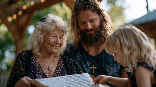 Mixed-faith family of four generations gathers under a backyard pergola in Georgia summer heat, elder grandmother holding a Torah, adult son wearing a cross, young grandchild curious and reaching to