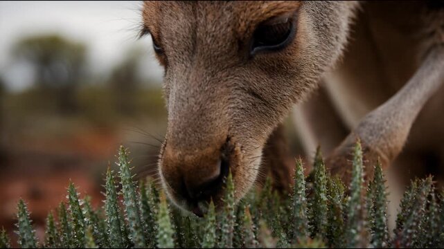 An extreme close up shot of a curious wild kangaroo sniffing a cluster of spiky desert succulents in the Australian outback, highlighting its delicate whiskers and dark eyes.