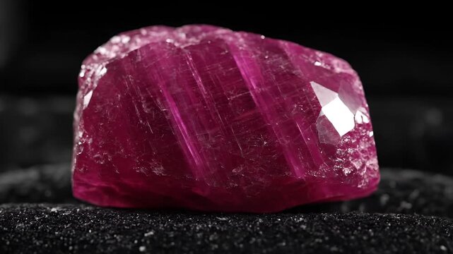 Macro Shot of a Rough Cut Ruby Gemstone on Dark Textured Surface.