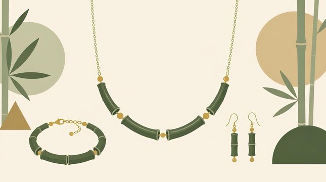 Elegant stylized bamboo jewelry set featuring necklace bracelet and earrings on solid cream background, showcasing refined nature inspired accessories in high resolution cgi digital art form.