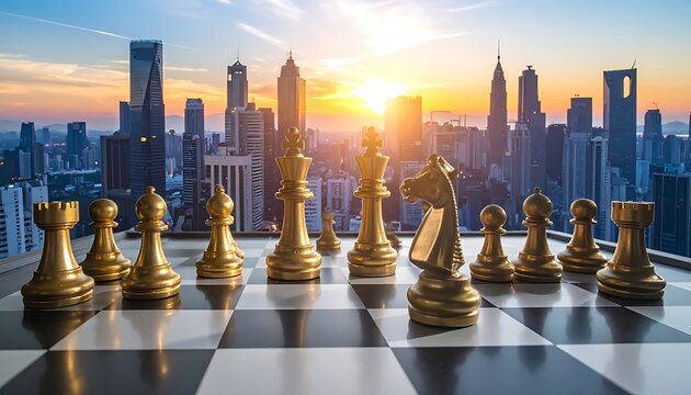A chessboard on rooftop with cityscape at sunset