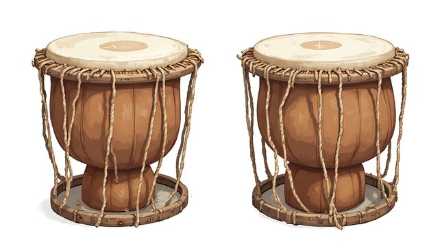 Two Traditional Wooden Drum Toms with Ropes and Skins