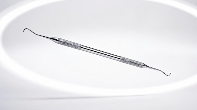 Floating Dental Curette Depicted in Sparse Elegant Line Work, Professional Medical Equipment Design in Widescreen Format for Healthcare Documentation, Oral Hygiene and Clinical Practice Concepts.