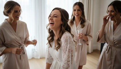 Fototapeta premium Cheerful bride laughing with bridesmaids during morning preparation in elegant robes, drinking champagne and celebrating friendship for wedding joy concept