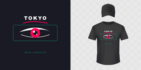 Tokyo neon paradise t-shirt design with eye symbol, modern graphic street art. © Ai Studio 