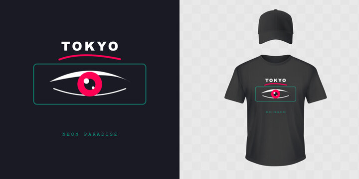 Tokyo neon paradise t-shirt design with eye symbol, modern graphic street art.