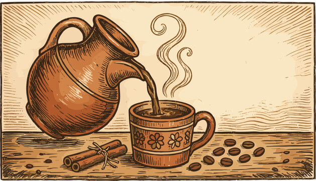 Vintage hand drawn Mexican cafe de olla illustration with clay pot pouring hot coffee into mug with cinnamon sticks and beans