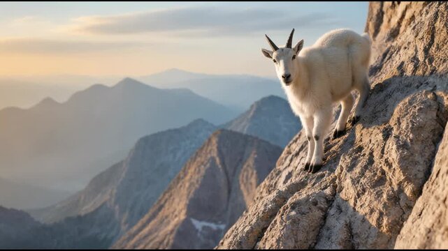 Majestic white mountain goat perched on a rugged sun drenched cliffside with its thick coat shining under the golden morning light, overlooking misty mountain peaks in a vast wilderness area.