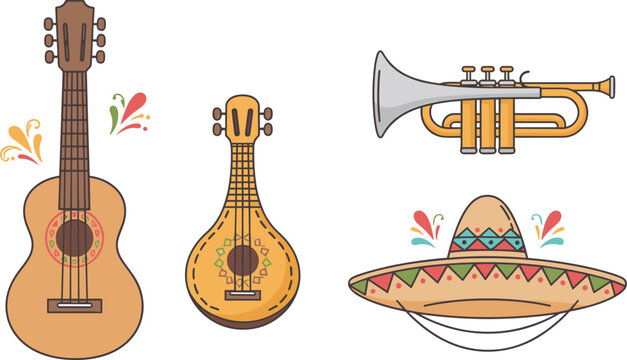 Mexican mariachi musical instrument icon set featuring guitar vihuela trumpet and traditional sombrero hat vector illustration
