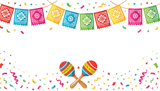 Mexican fiesta background template with colorful papel picado garland flags maracas shaker instrument and falling confetti decorations for Cinco de Mayo poster