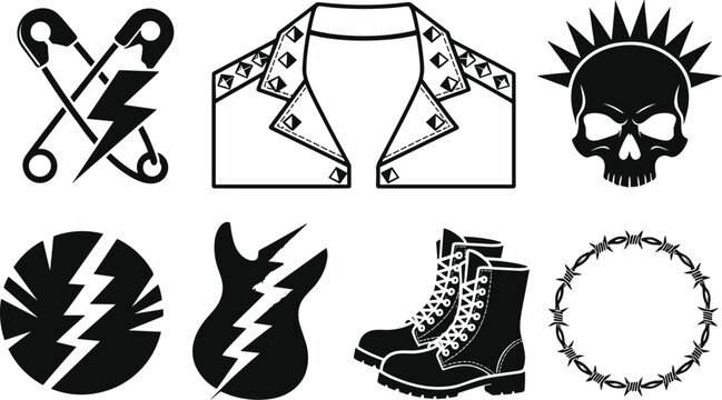 Punk rock music subculture vector silhouette icon set featuring skull with mohawk studded jacket combat boots broken guitar and barbed wire frame