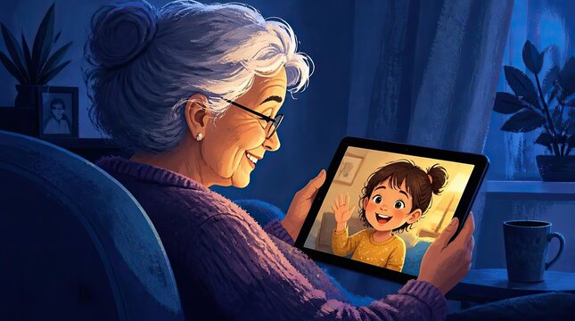 A loving grandmother watches her grandchild on a tablet screen during a video call, capturing a heartwarming connection in this detailed widescreen cgi illustration representing digital family love.