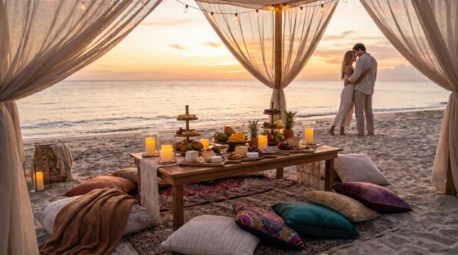 Luxurious beachside picnic setup with elegant drapes cozy cushions ambient candles and a romantic sunset view creating an intimate and stylish outdoor dining experience by the calm ocean