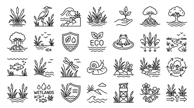 Wetland and shoreline protection outline icon set featuring cattail marsh ecology and environmental conservation symbols