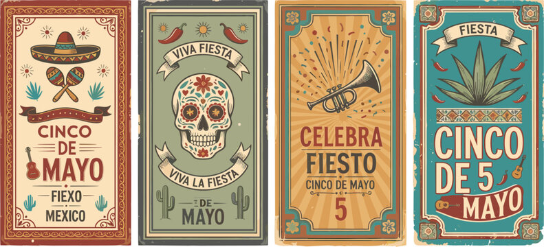Cinco de Mayo retro vertical banner templates featuring sugar skull sombrero maracas trumpet and agave plant for Mexican fiesta celebration posters