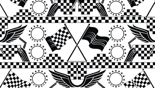 Racing checkered flags seamless pattern background featuring motorsport crossed finish flags wings star badges and automotive track elements