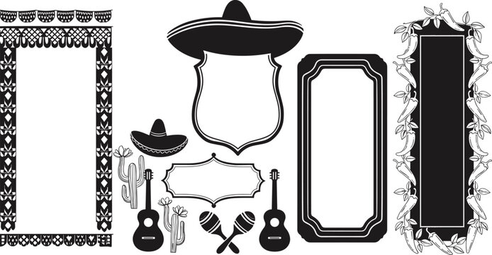 Mexican fiesta border frames and labels template set featuring traditional sombrero maracas guitars chili peppers and cactus elements