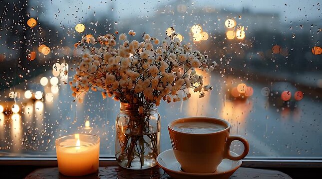 Warm coffee cup and candle flickering on a rainy windowsill with city bokeh in a cinematic steady cam glide for lifestyle marketing