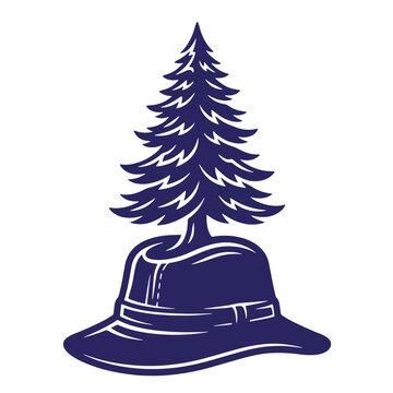 Creative linocut illustration of an evergreen pine tree growing from a classic outdoor explorer fedora hat symbolizing growth nature and the spirit of adventure