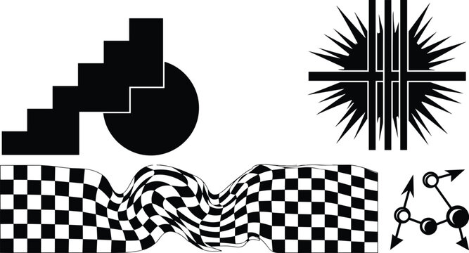 Abstract brutalist geometric shapes and distorted checkered ribbon pattern set for contemporary brutalism graphic design assets