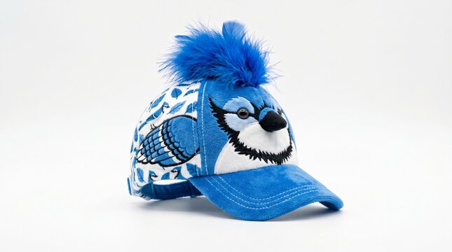 Blue jay bird themed plush baseball cap isolated on white background