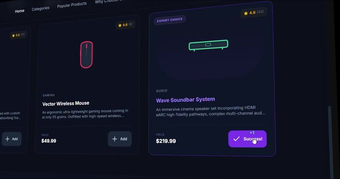 Add to cart online shop animation showing product selection and pricing in dark mode user interface design
