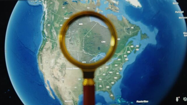 Magnifying glass exploring a world map and zooming in on seattle, washington