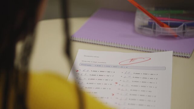 Close-up of schoolgirl receiving low test grade, feeling disappointed