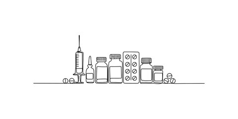 Obraz premium Line art of medical supplies: syringe, bottles, pills