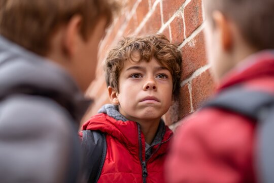 Young boy facing confrontation from two classmates against a brick wall. School bullying and peer pressure concept