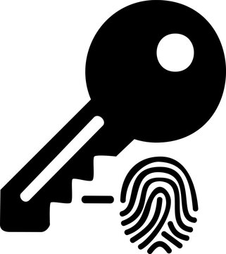 Key with fingerprint scan icon, black glyph vector symbol for modern biometric access key, smart lock authorization, cryptographic decryption isolated on white