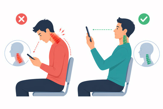 Text neck phone posture comparison illustration