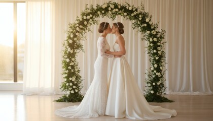 Fototapeta premium Two happy brides kissing at altar during a romantic wedding ceremony indoors, representing LGBTQ marriage equality and same-sex love celebration concept