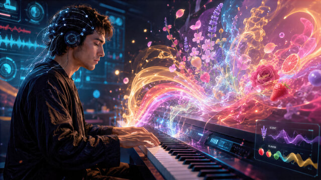 3D render of a musician seeing colored digital smells and flavors through a neuro interface while playing