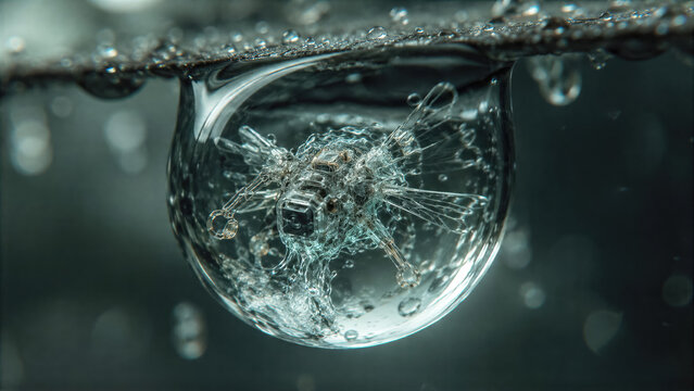 Microscopic drone made of water soluble polymers melting under a raindrop for advanced reconnaissance tech