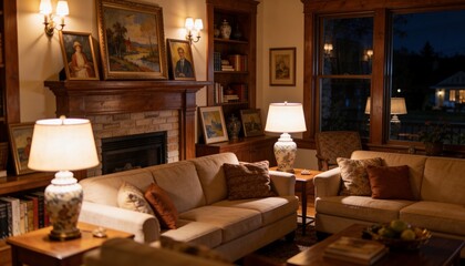 Naklejka premium Showing living room seating area glowing with amber light, with beige sofas, wooden coffee table