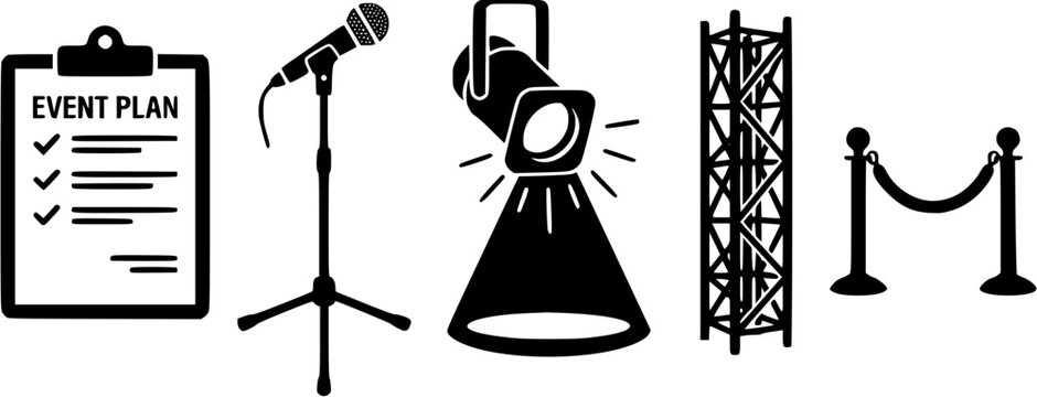Set of event production and planning icons featuring a checklist, microphone, spotlight, truss structure and stanchions