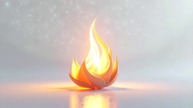 A 3D render of a stylized flame composed of layers in yellow/orange, glowing on a light surface