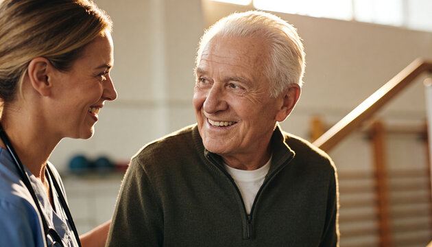 Scrub-clad therapist leaning toward Senior patient, supporting gait with stethoscope, parallel bars