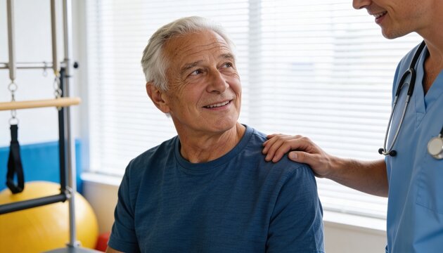 Sitting senior patient in blue Tshirt looking at clinician in scrubs with stethoscope in rehab room