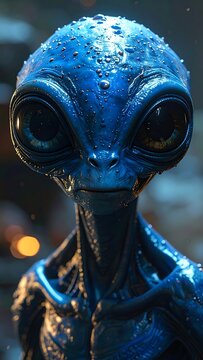 A close-up of a blue alien with large eyes