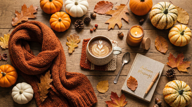 cosy autumn flat lay with delicious homemade pastry pie hot beverage mini pumpkins and fall leaves on rustic wooden background